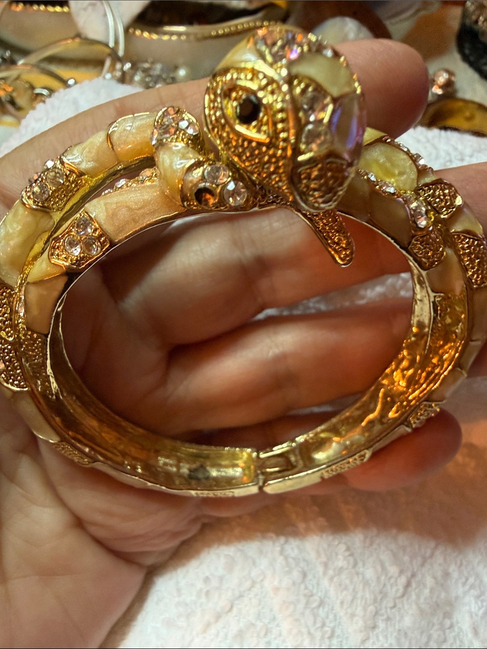 Gold Snake Wrap Bangle Bracelet with Cream Inlay